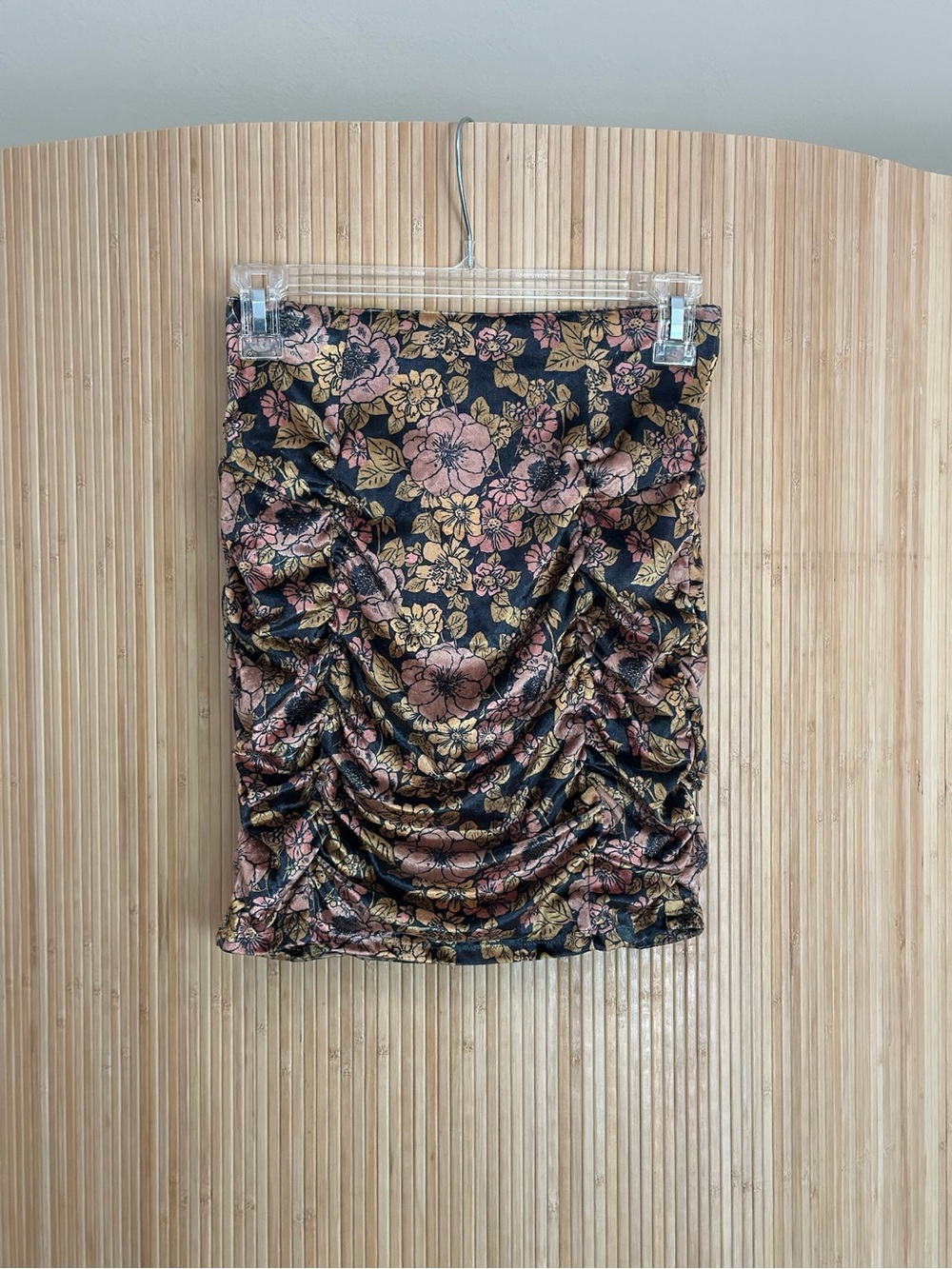 Free People Black Floral Ruched Mini Skirt with Pink and Gold Blossoms